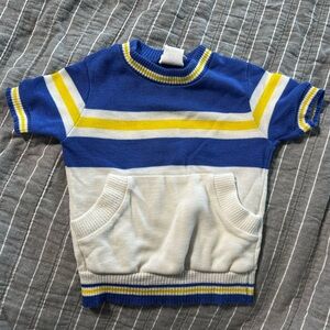 Vintage 80s Bull Frog Knit Blue and Yellow Striped Short Sleeve Knitted Top